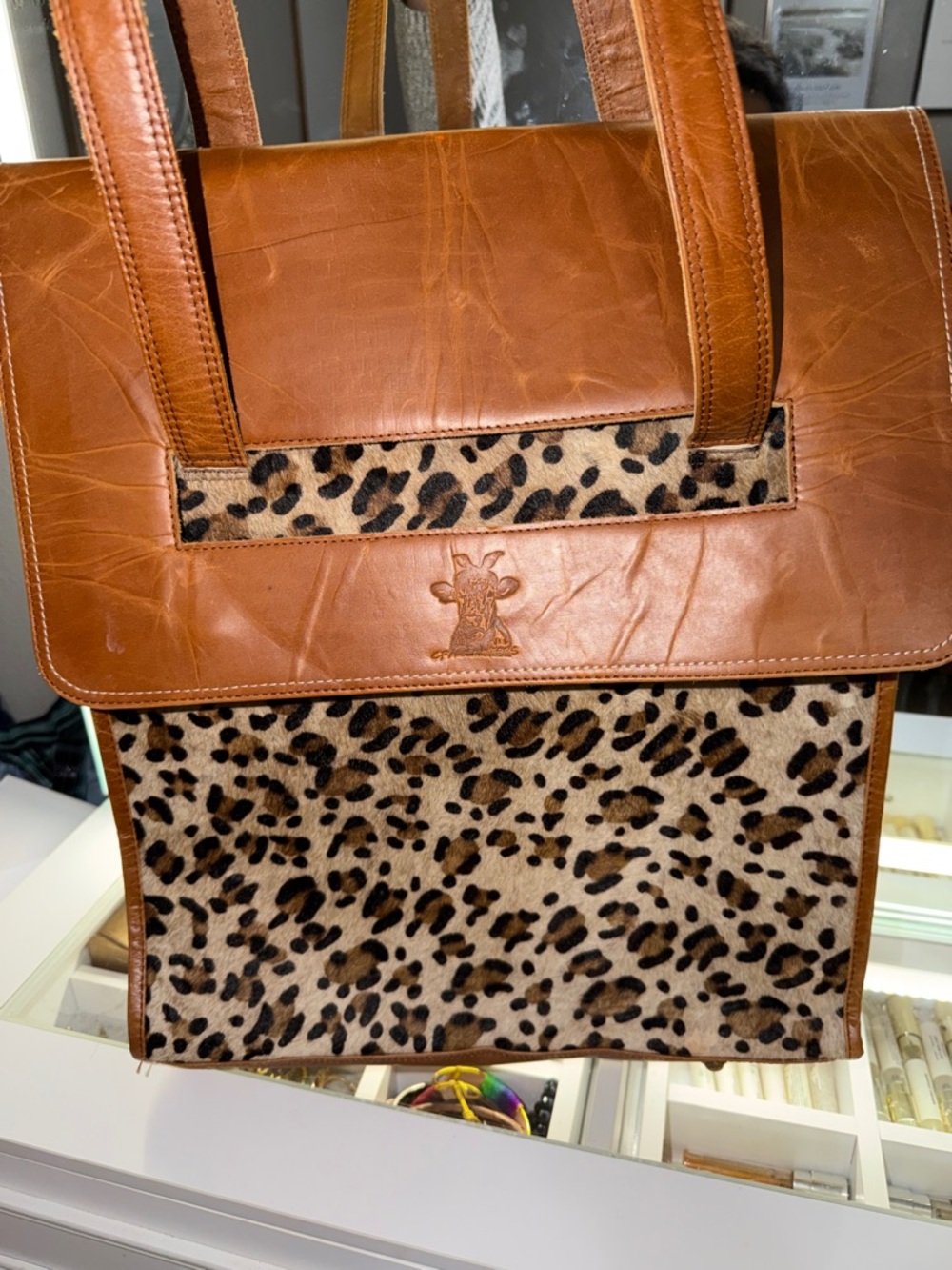 Leather & Leopard Print Tote Laptop Bag - Brown